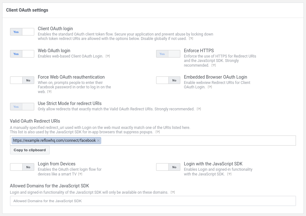 Facebook OAuth Settings