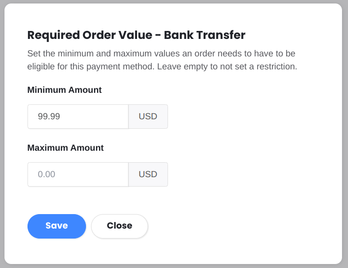 Payment method order amount limits dialog