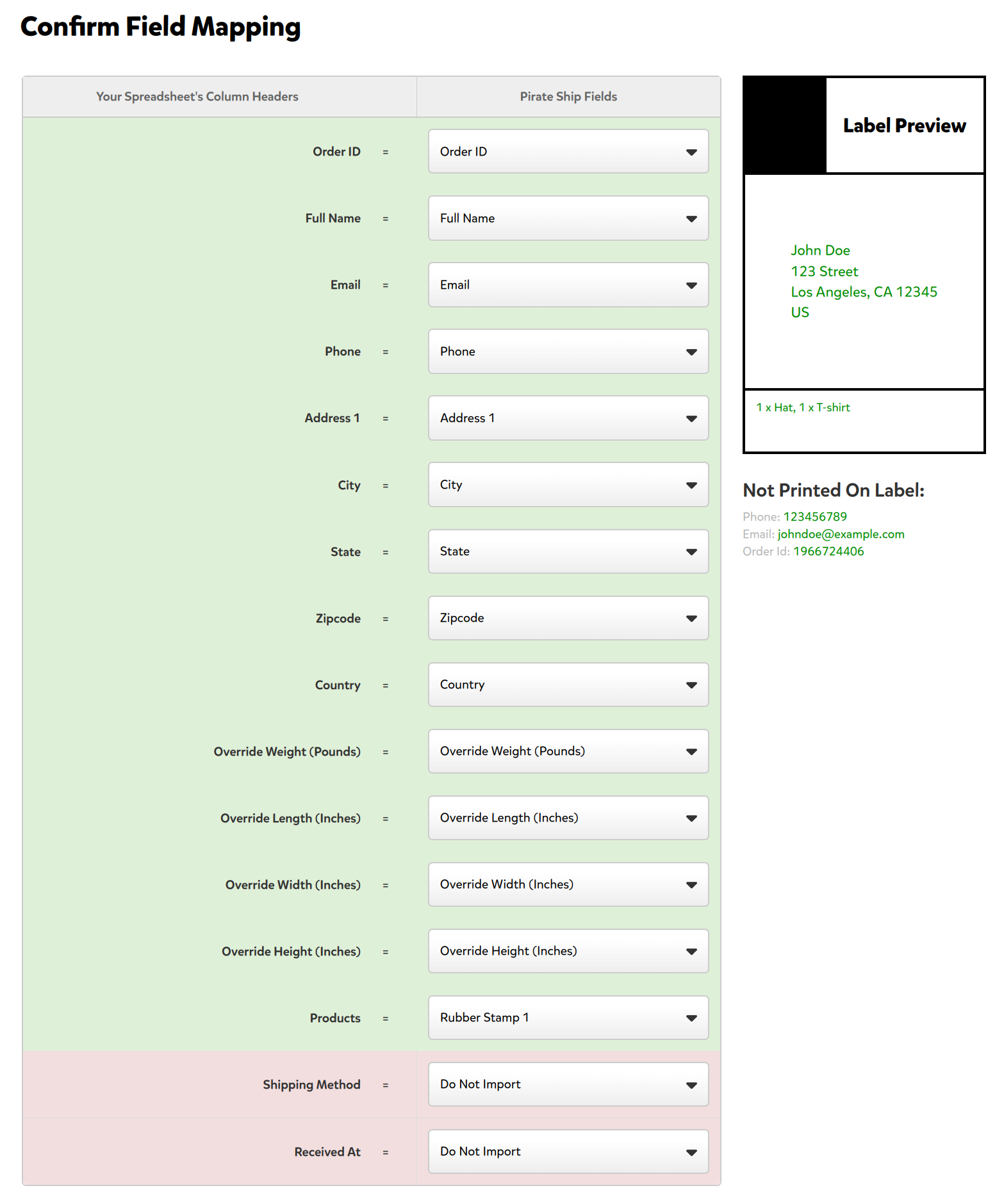 Pirate Ship Import Field Mapping