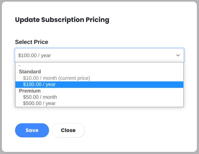 Subscription Update Pricing Dialog