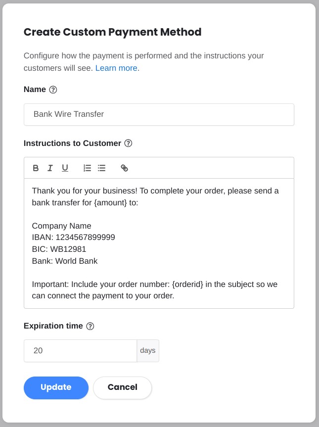 Custom payment example configuration