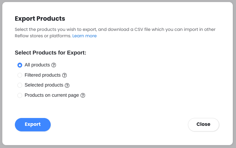 Product Export Dialog