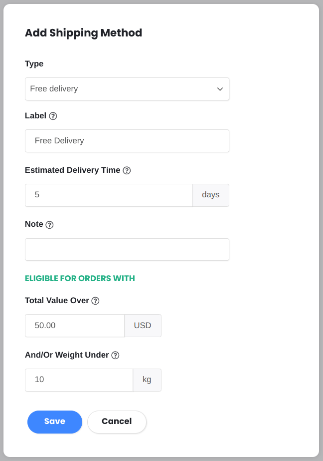 Free Delivery Shipping Method